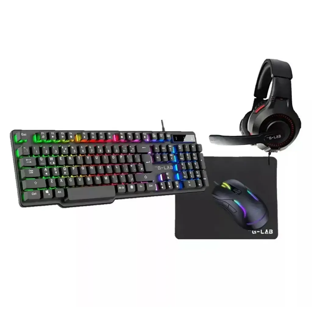 [BS_COMBO_SULFUR_FR] THE G-LAB Combo SULFUR – Pack Gaming 4-en-1 Clavier + Souris + Tapis + Casque | RGB & Performance
