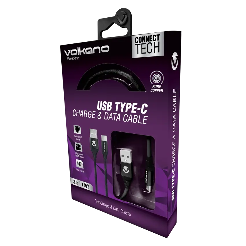 VOLKANO VK-20145-BK WEAVE Series USB > USB-C 3,0m - Noir