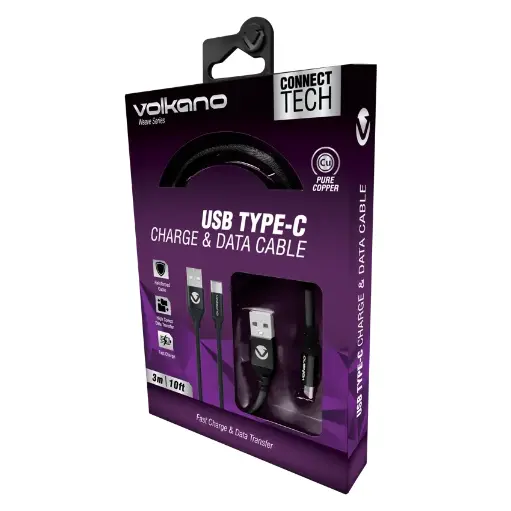 [VOL_VK_20168_BK] VOLKANO VK-20145-BK WEAVE Series USB > USB-C 3,0m - Noir